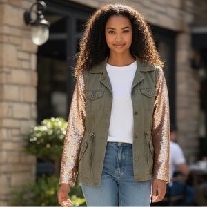 BKE Jacket Women Small Olive Utility Jacket Sequin Sleeve Mixed Media Military